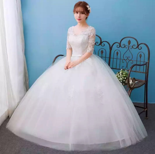 Half Sleeve Long Train Bridal Gown