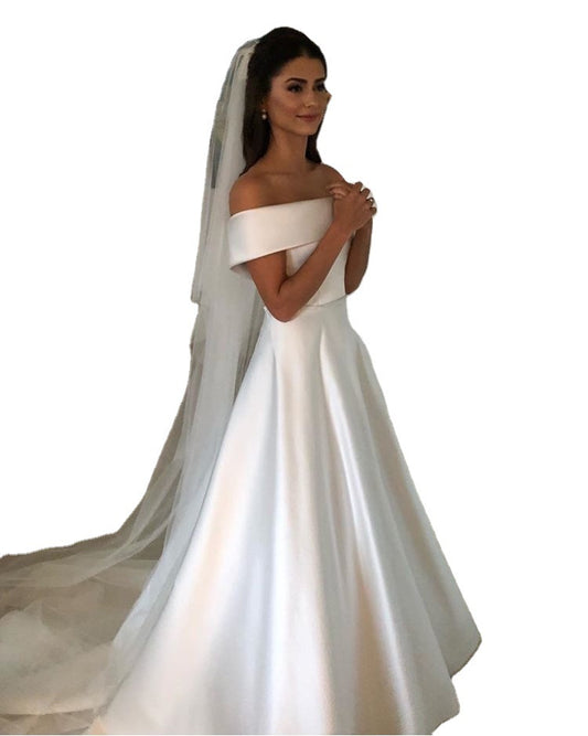 Casual  Satin Off The Shoulder Wedding Bridal Gown Dress
