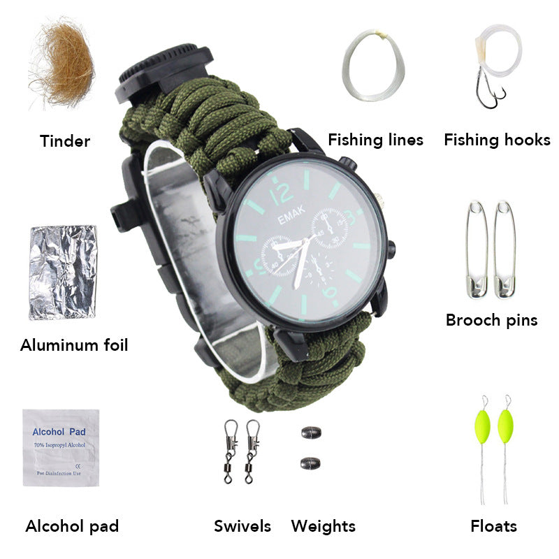 Survival Compass Watch With Paracord & Fishing Gear