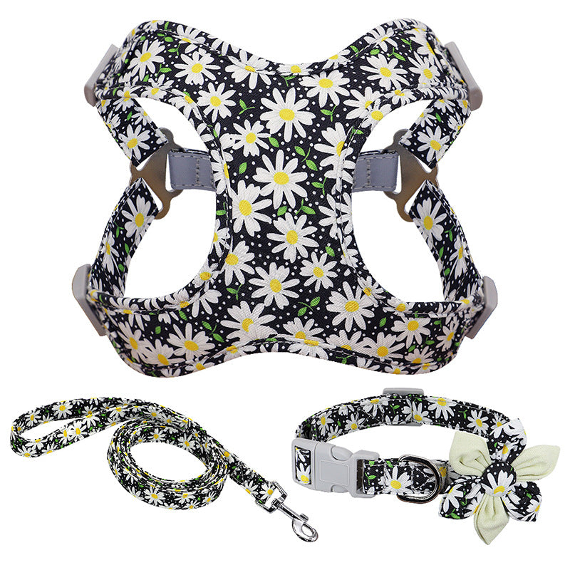 Nylon Flower Printed Dog Collar Harness Vest Leash Set