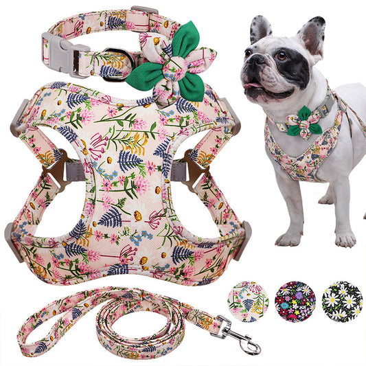 Nylon Flower Printed Dog Collar Harness Vest Leash Set