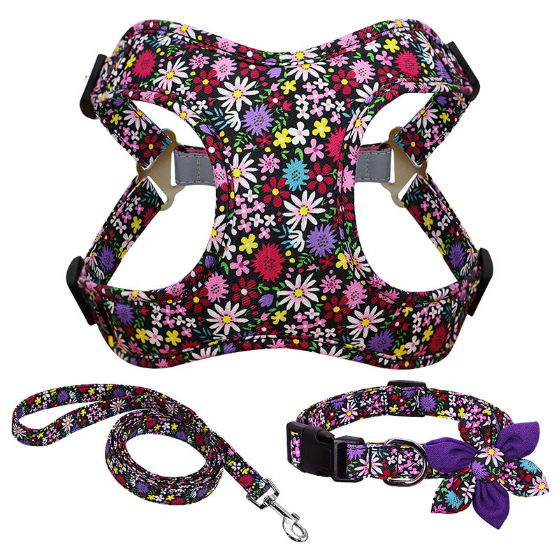 Nylon Flower Printed Dog Collar Harness Vest Leash Set