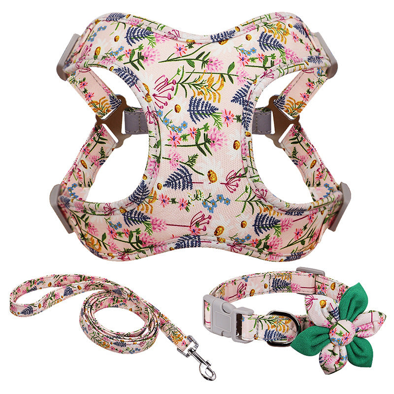 Nylon Flower Printed Dog Collar Harness Vest Leash Set