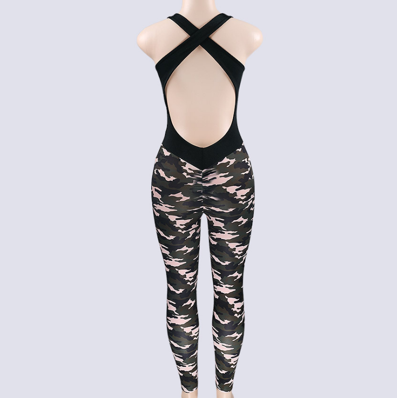 Camouflage Cross Back Fitness Jumpsuit