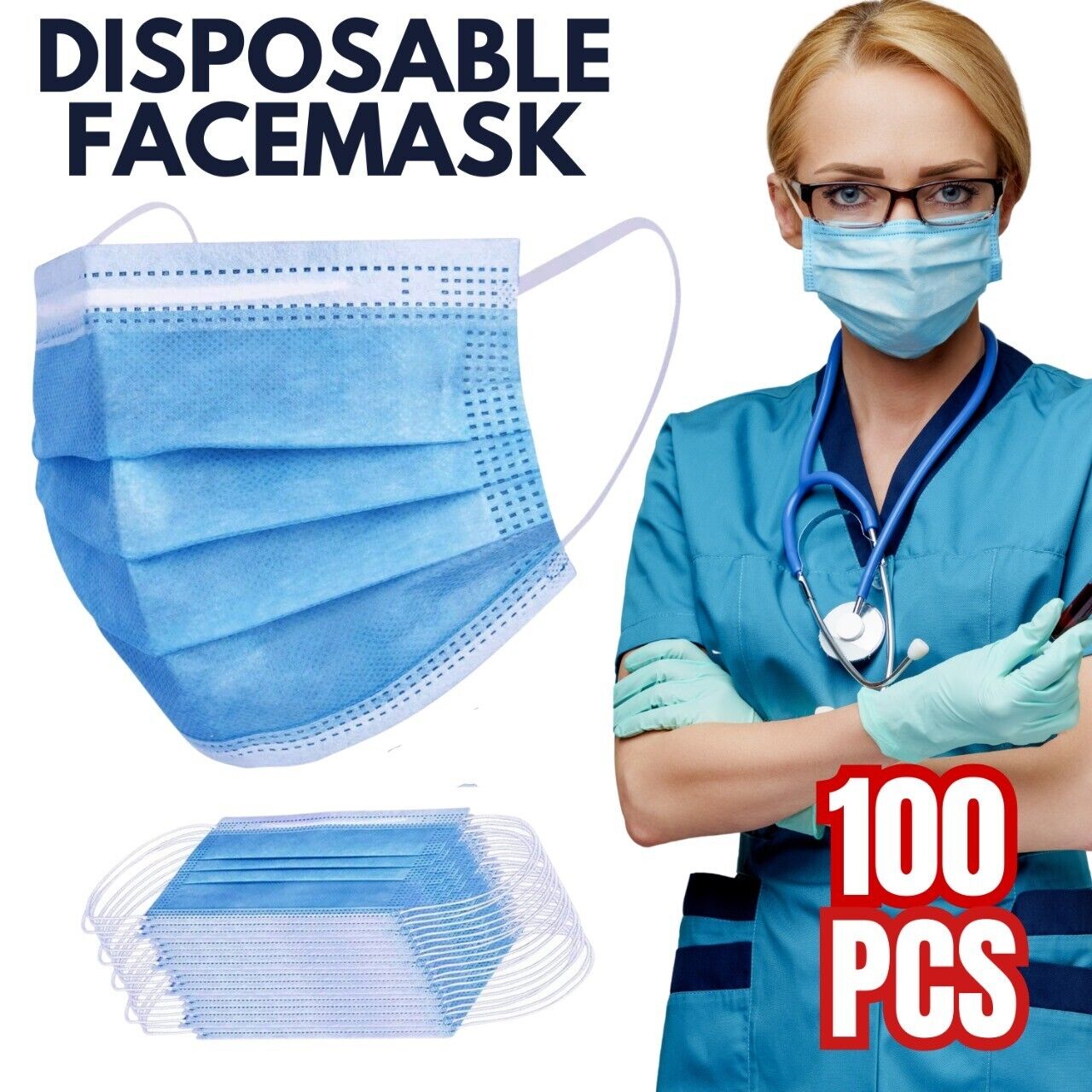 100 PC Face Mask Disposable 3Ply Ear Loop