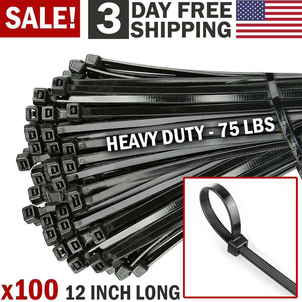 100 Pack of 12 inch Heavy Duty Black Nylon Cable Zip Ties