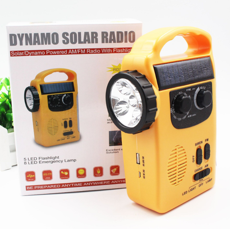 Hand-cranked radio emergency light