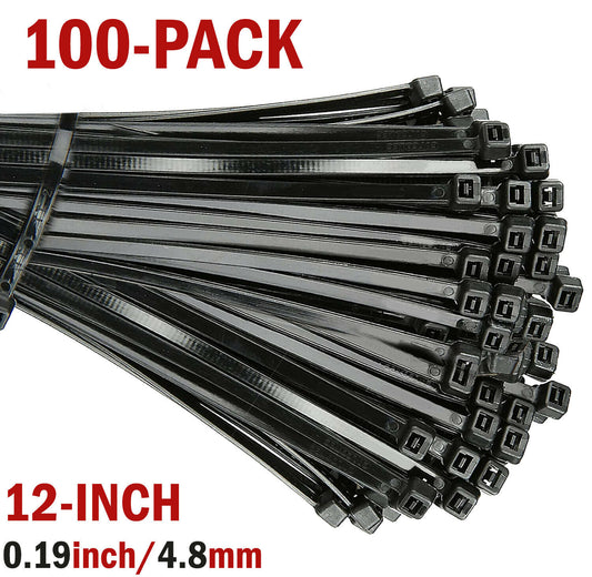 100 Pack of 12 inch Heavy Duty Black Nylon Cable Zip Ties