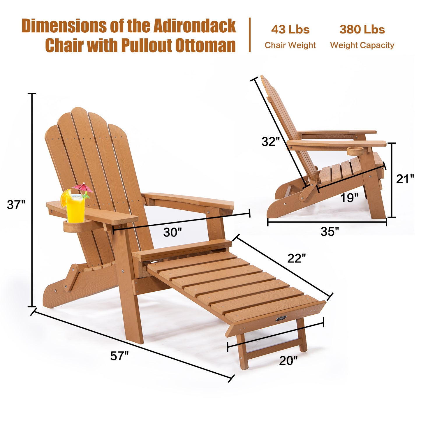 Adirondack Chair With Pullout Ottoman & Cup Holder