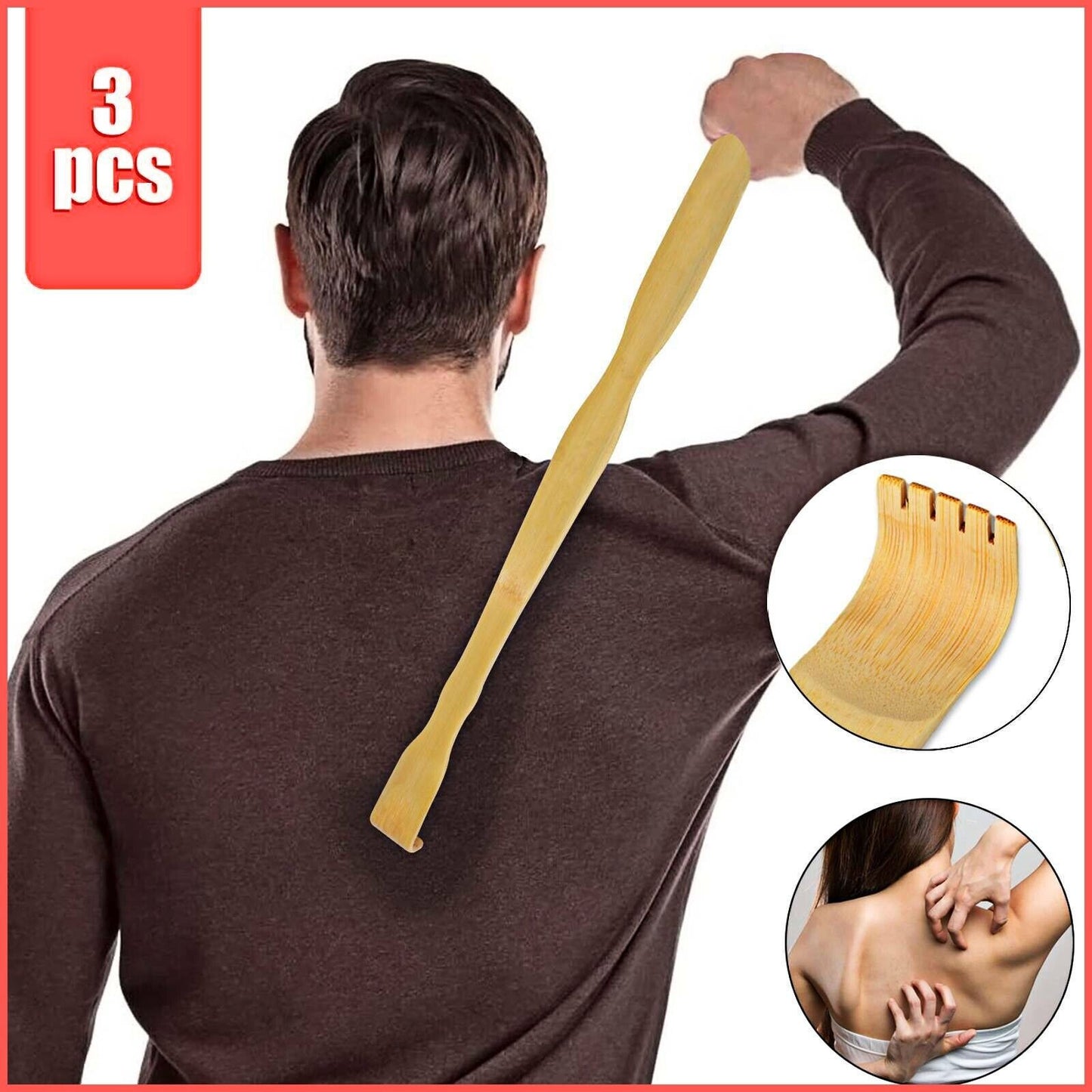 3 Long Reach Natural Bamboo Back Scratcher