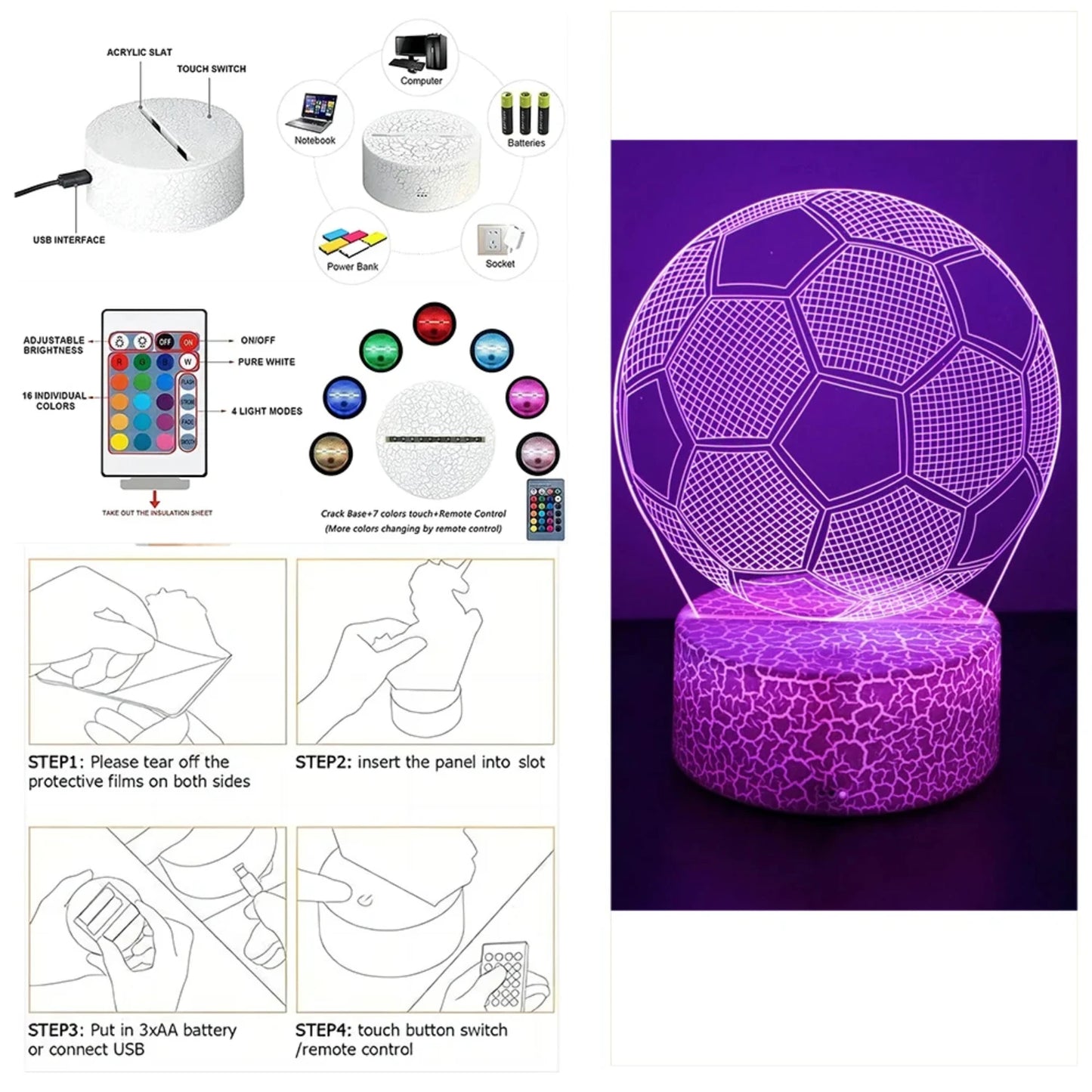 3D Child LED Night Light Luminous Soccer ball Nightlight