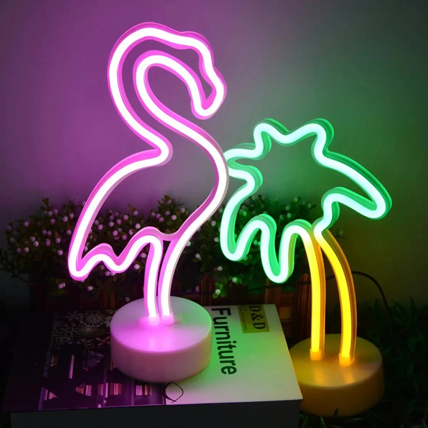 New Battery/USB LED Neon Night Light Sign Flamingo Unicorn  Tree Cactus Pineapple Table Lamp