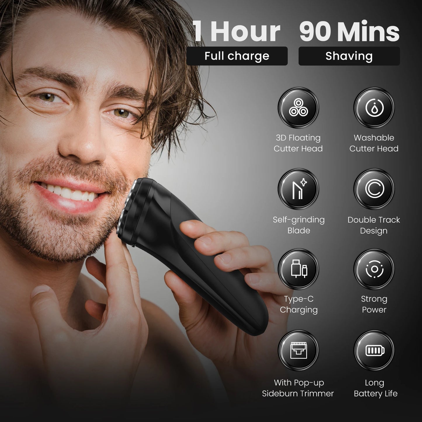 Cordless Rechargeable Triple Blades Electric Shaver for Men