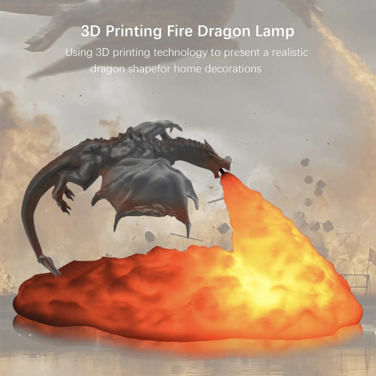 3D Printed Fire Dragon  USB Powered Rechargeable LED Night Lamp