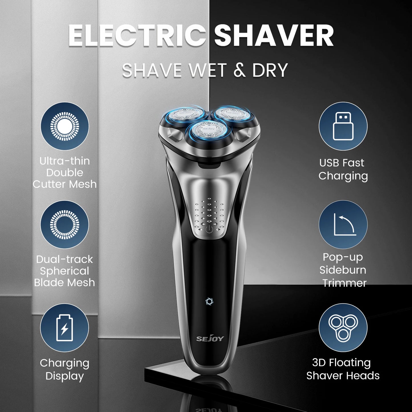 Rotary Waterproof Rechargeable, Electric Shaver for Men