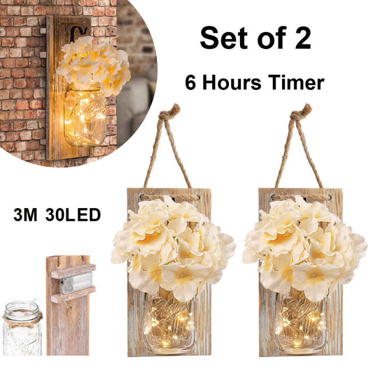 2-6 Hour Timer LED Mason Jar Wall Sconce Lights